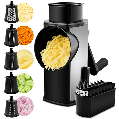 SUSTEAS Compact Manual Cheese Shredder - Stainless Steel Rotary Kitchen Utensil with 5-Blade Set, Fast Hand Crank, Powerful Suction Cup Base, Blade Storage Box, Finger-Safe Pusher, Mandoline Slicer, Vegetable Cutter for Home Cooking Wavy Cuts