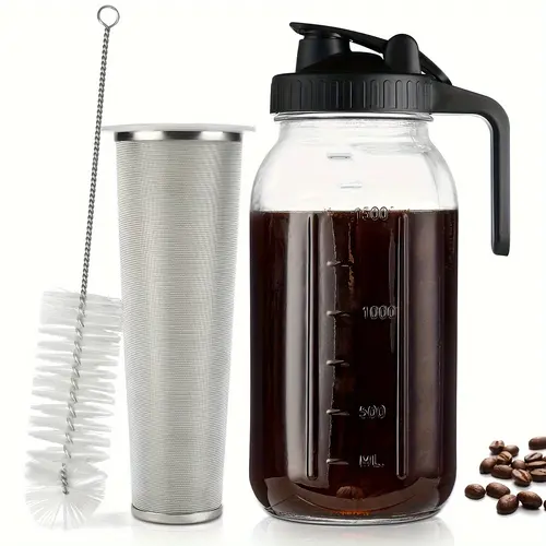 1pack 64oz (1/2 Gal) Glass Cold Brew Coffee Maker Pitcher, Stainless Steel Filter, Spout, Handle & Lid, Leak-Proof Coffee Brewer for Hot/Cold Water Pour & Serving (Tea Compatible)