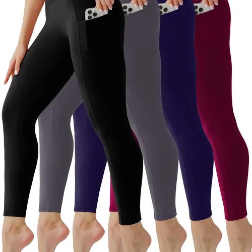 4 Pack High Waist Solid Color Five-Pack Leggings with Pockets - Simple and Stylish for Casual and Sportswear Tights Womenswear Athletic Bottoms Gym Clothes