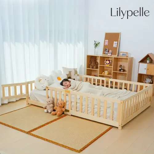 Lilypelle Twin Size Toddler Bed - Kids Furniture Bedroom Montessori Bed with Solid Pine Frame Feels Reassuring, Fence, Door & Safety Guardrails for 6-12 Years Old Boys Girls, Deskmakeover Floor Crib, Montessori Beds