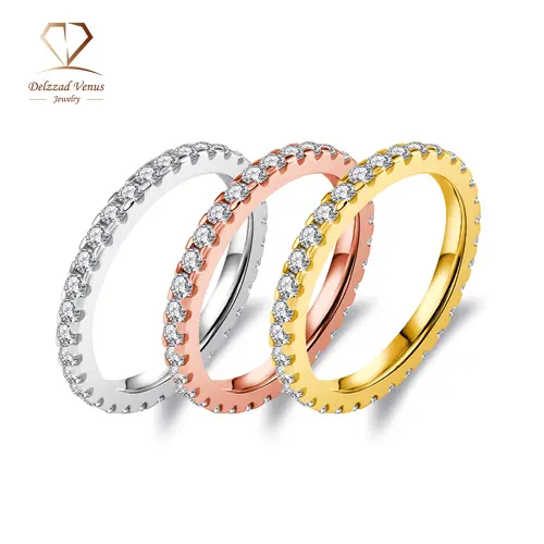 Delzzad 14 Karat Gold Plated Stackable Eternity Band - VVS Round Cut Synthetic Moissanite, Multi-Size Hip Hop Wedding Ring Sets, Ideal Engagement Ring Set for Women (Birthday/Mother’s Day Gift)