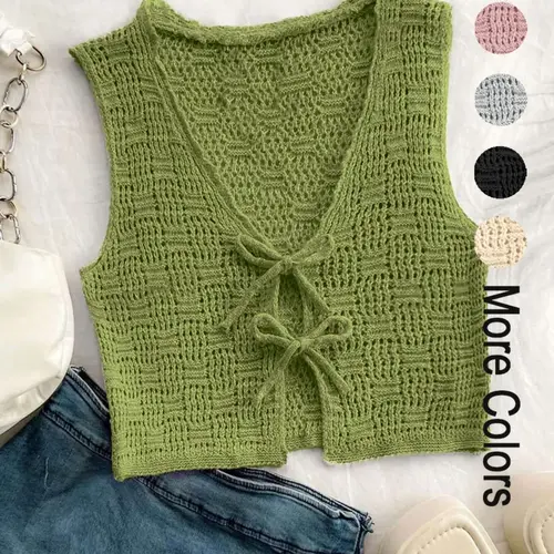 Women's Bow Tie Waist Sleeveless Knit Vest, Casual Fitted Basic Short Outer Vest, Plain Design, Full Placket, Stylish Fashion Top Womenswear, V Neck Vest