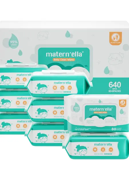 Maternella No Rinse Disposable Hydrating Hypoallergenic Moisture Baby Wet Wipes, 99% Water-Based, Unscented, Alcohol-Free for Sensitive Skin, 8 Flip-Top Packs (640 Total) - Suitable for Newborns, No Rinse Wipes, Disposable Wipes