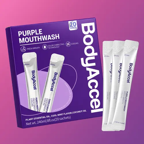 【BodyAccel】Purple Mouthwash For Teeth Whitening, Freshens Breath, Gum Health, Hydrating, Anti-Bad Breath & Plaque, Alcohol-Free, Mint Flavor Travel Portable Pack (20 Sachets) #backtoschool