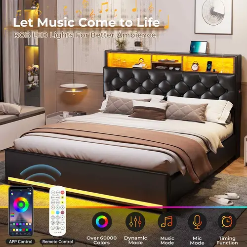 Sikaic Queen LED Bed Frame - Black Upholstered Platform with Storage Headboard, Charging Station, 4 Drawers for Space Saving Solutions, Bed Frame For Queen