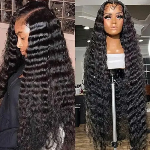 BLING HAIR Women's 32 inch 13x6 HD Transparent Lace Frontal Closure Human Hair Wig, 180% Density Deep Wave Pre Plucked Pre Styled Female Wig, Back to School, Pre Styled Wig, Wigs Human Hair sohochic