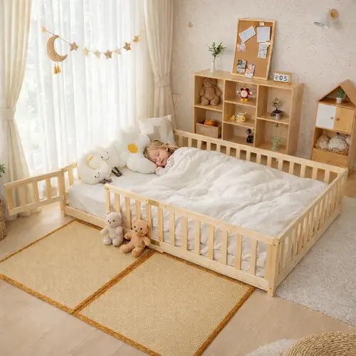 #DealsForYouDays Naudacaa Twin/Full Size Montessori Floor Bed for Kids, Solid Wood Bed Frame with Fence, Door & Safety Guardrails, CPC Certified summerwins