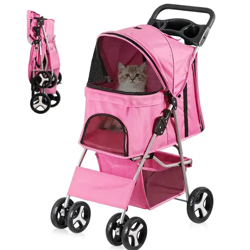 Segawe 4-Wheel Collapsible Pet Stroller Carrier for Small Dogs & Cats - Camping-Friendly, 4-Wheel Stability, Metal Push Handle, Mesh Ventilation, Thick Fabric, Pink, Stress Reduction, Gear Basket, Cup Holders Ready, Snack Tray, Zipper Closure