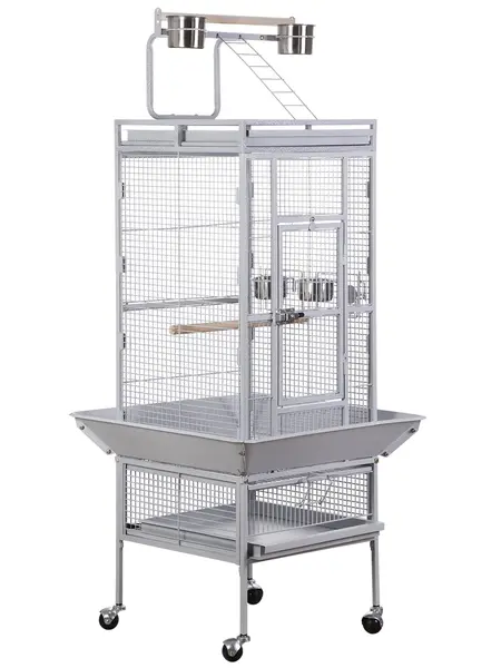Segawe 61in Durable Iron Parrot Cockatiel House with Portable Rolling Stand, Removable Tray, Wood Accents & Perch for Natural Grip, Playtop Access, Easy Assembly, Rolls to Move - White Parakeet Cage Setup Pet Bird Enclosure