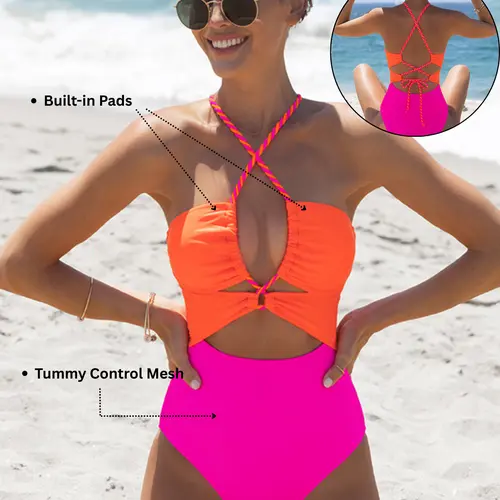 Popvil 【Run Half a Size Small】Sewn-in Pads Color Block Front Cutout One Piece Swimsuit, Tummy Control High Waisted Neon Swimsuit with Back Strap,Neon One Piece for Women