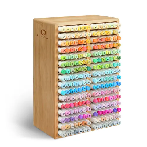 Ohuhu Bamboo Marker Organizer: Right Angle / Rounded Corner - 32 Vertical Partition Compartments, Holds Up to 224 Markers - Art Brushes Pencil Holder for Art Enthusiasts, Chic Bamboo Desk Accent - Marker Organizer Series of Ohuhu