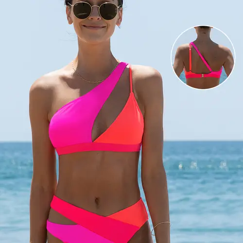 Popvil Cutout One-Shoulder Color Block Bikini Set,Women's Tummy Control High Waisted Neon Bathing Suit for Vacation