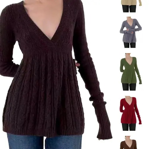 Women's Y2K Vintage Sweater, Soft Long Sleeve V-neck High Waist Knitwear for Women