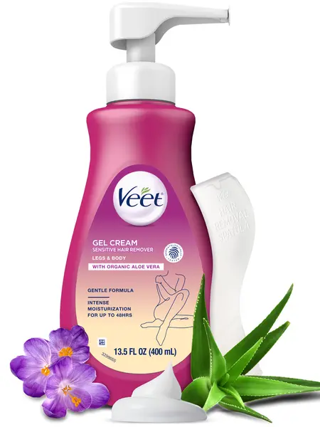 Veet Sensitive Skin Formula with Aloe Vera and Vitamin E, Dermatologically Tested Hair Removal Gel Cream 13.5 Fl Oz. for Legs & Body *Packaging may vary*