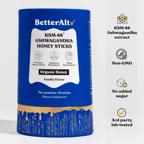 BetterAlt KSM-66 Ashwagandha Honey Sticks | Organic Multiflora Himalayan Honey | For Relaxation, Focus | 1 Month Pack Dietary Supplement