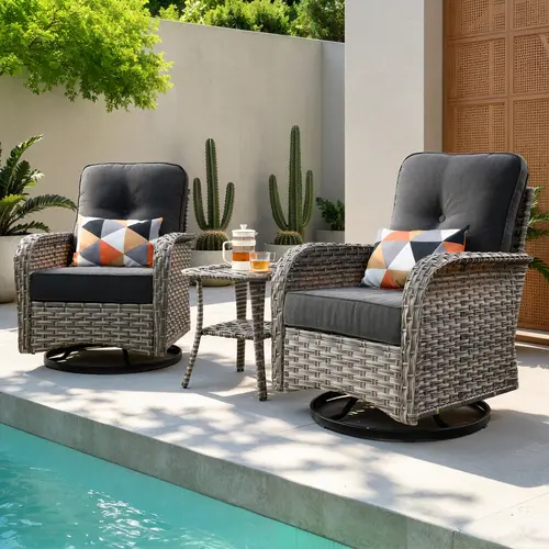 【Back To School】OVIOS 3-Piece Outdoor Patio Furniture Set with High-Back Swivel Rocking Chairs & Side Table, All-Weather Wicker Conversation Set with Cushions for Backyard, Patio, Porch, Deck & Garden