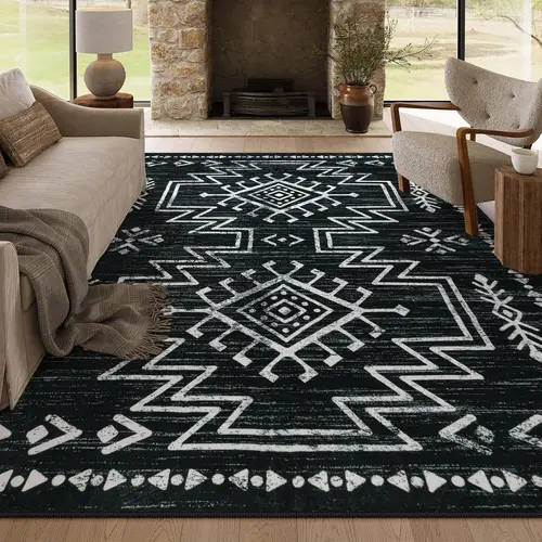 Lahome Boho Washable Soft Rug for Living Room, Bedroom,Moroccan Western Dining Room Rug for Under Table, Low Pile Distressed Aztec Rug for Home Decor
