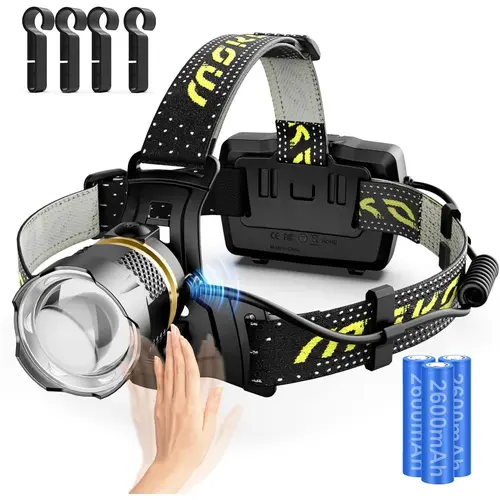 MoKo USB Rechargeable Headlamp - High Lumen Flashlight with 90000LM, 40H Battery-Powered Motion Sensor, 7 Modes Adjustable Brightness, IP68 Waterproof, 90° Adjustable Zoom, Helmet Mount, Charging Cable, Batteries for Running, Camping, Lifetime Service