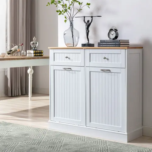 Double/Single Trash Cabinet Tilt Out Freestanding, Pet Proof Kitchen Trash Cabinet Laundry Hamper with Cutting Board, Wood Garbage Recycling Station Hideaway Trash Holder Drawers, White/black