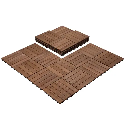 Yaheetech 27PCS Interlocking 12.1" W × 12.1" L × 1" Thickness Acacia Wood Plastic Decking Tiles, Wooden Look Dual-Use DIY Flooring with Water Drainage, Home Improvement Building Supplies for Patio Garden