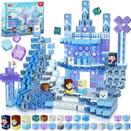 Magnetic Blocks - 100Pcs 0.8in Magnetic Building Block for Kids Ages 4-8, Transparent Magnet Block Blue Princess Castle, Magnet Cubes Tiles Princess Toy for Girl 3 4 5 6 7 8-12 Birthday Gift,summerwins