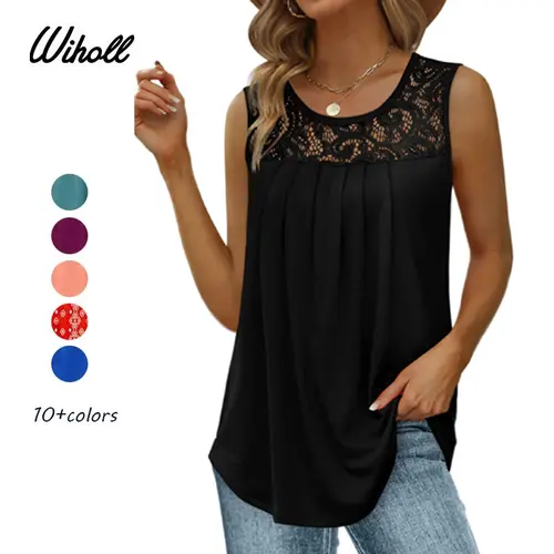 WIHOLL Women's Summer Rayon Tank Tops - Loose Fit, Pleated Tunics, Scoop Neck, Sleeveless Lace, Curved Hem, Flowy Basic Elastane-Blend Comfy Feminine Fabric, Breathable, for Dressy Occasions, Pairs with Jeans or Skirts, Cardigans, Refer to Size Chart