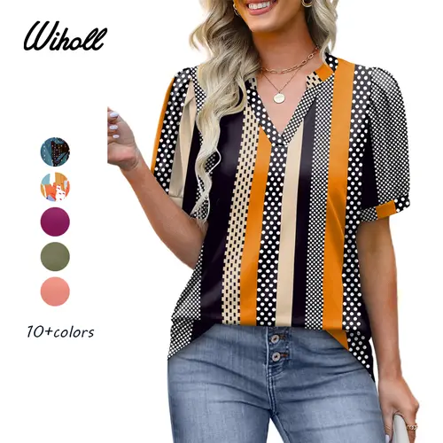 WIHOLL Shirts for Women Pleated Puff Sleeve, Dressy Casual V Neck Tunic Top, Thick Spandex Summer Fashion Blouse with Curved Hem, Cardigan, Jackets, Wide Leg, Everyday, Tunic Shirt, Soft Fabric, Fashion Apparel
