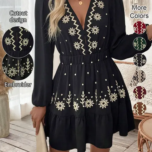 Women's Floral Embroidered Deep V-Neck Long Sleeve Elegant Bohemian Dress, Perfect Choice for Spring, Summer & Fall