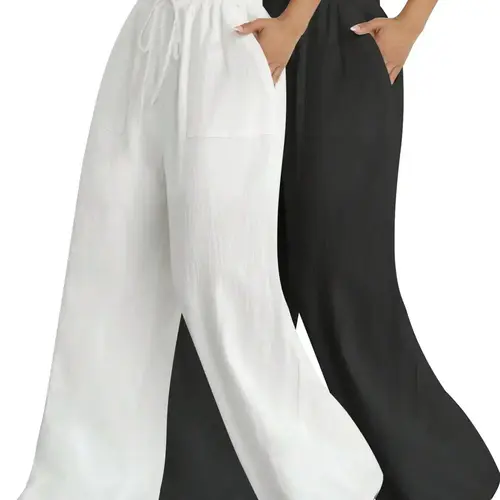 Women's Solid Color Wide Leg Adjustable Drawstring Loose Fit Pants, Basic Casual Comfy Trousers for Daily Wear, Ladies Bottoms for All Seasons, Baggy Pants, Womenswear
