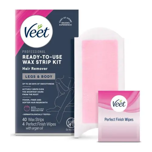 Veet Dermatologically Tested 2-Sided Ready-to-Use Wax Strip Kit, 20 Strips for Legs & Body, Easy Hair Removal Body Care Home Waxing Set Complete Waxing Kit, Cosmetic, At Home Waxing, Bikini Hair Removal, Gentle Waxing