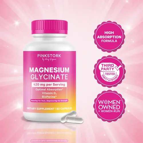 Pink Stork Magnesium Glycinate & Vitamin D for Women | Calm & Stress Relief - 60 Capsules - Women-Owned Brand - Natural & Clean Supplement - Healthcare