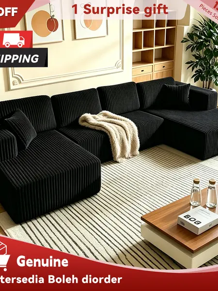 [2-3Packages] Niccae 132-Inch U-Shaped Memory Foam Sectional Sofa — An oversized modular design offering "cloud-like" comfort; features deep seating and compressed corduroy fabric, combining space-saving capabilities with a convertible sleeper function.