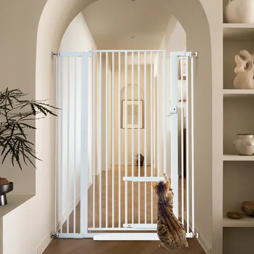 COMOMY Extra Tall Pet Gate for Cats - 55.1" Tall, 29.5-40.6" Wide, Adjustable Cat Door, Pressure-Mounted Easy Walk-Through Gate for Stairs, Doorways, Safety Fences