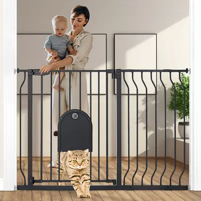 29.5-48.4" Baby Gate with Adjustable Cat Door,Extra Wide Metal Cat Gate for Stairs Doorways, Auto Close Dog Gate with Pet Door for House, Pressure Mounted Easy Walk Through (30" Tall, White)