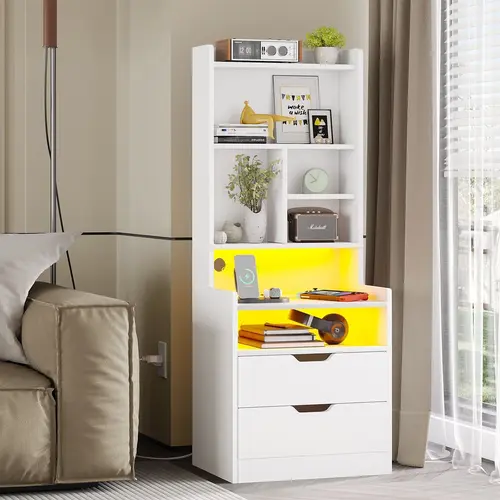 Sikaic Modern LED Nightstand with Charging Station, Tall Bedside Table with Multi-Layer Storage and Open Base, Bedroom Furniture