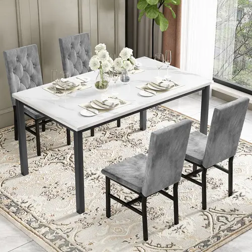 Recaceik 4-Piece Faux Marble Dining Table Set - Compact Table and Chairs Dining Room Furniture for Small Spaces, Durable Modern Home Set with Luxurious Button Tufted Chairs, Aesthetic Appeal, Assembly Required for Apartments, Minimal, Design