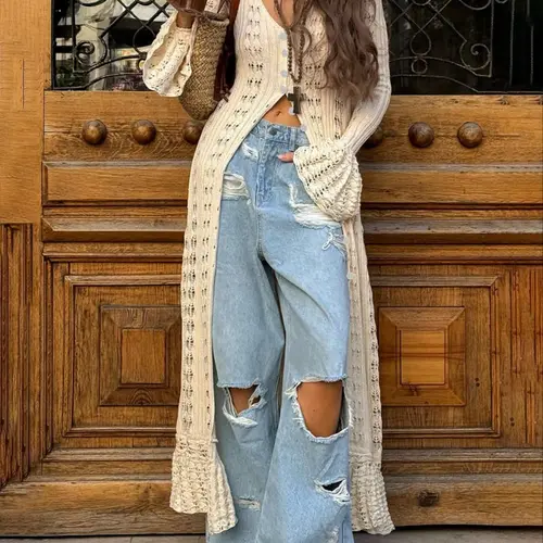 Women's Plain Hollow-Out Button-Front Lightweight Cardigan, Elegant Chic Flounce-Sleeve Fitted Knitwear for Spring & Summer Daily Wear, Fashion Knit Clothing, Knitting Womenswear