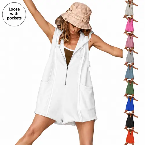 UANEO Women's Sleeveless Hooded Half-zip Loose Shorts Romper with Pockets for Fitness Outdoor Leisure Tennis Sports For Women