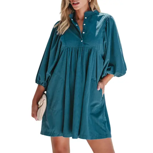 Asvivid Womens Fall Fashion Corduroy Snap Buttons Empire Waist Bracelet Sleeve Plain Dress with Puff Sleeves Casual Dresses Autumn Clothes sohochic