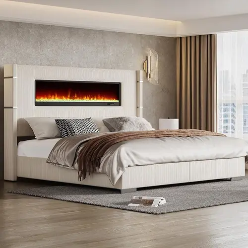[Ships in 2 Boxes] AMERLIFE Modern Bed Frame with Fireplace, Wingback Platform Bed Frame with 60.4“ Extra Tall Headboard, Corduroy Upholstered Bed Frame/No Box Spring Needed/ Unique Bedroom Furniture/Christmas Gifts[tiktokshopbacktoschool][SohoChic]