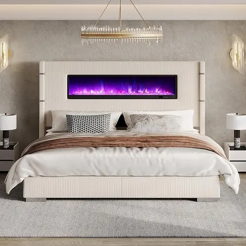 【Ships in 2 Boxes】AMERLIFE Modern Bed Frame with Fireplace, Wingback Platform Bed with 60.4“ Extra Tall Headboard, Corduroy Upholstered Bed Wooden Slats,Best Gift Ideas/Christmas Gifts, Unique Bedroom Furniture, Apartment Furniture
