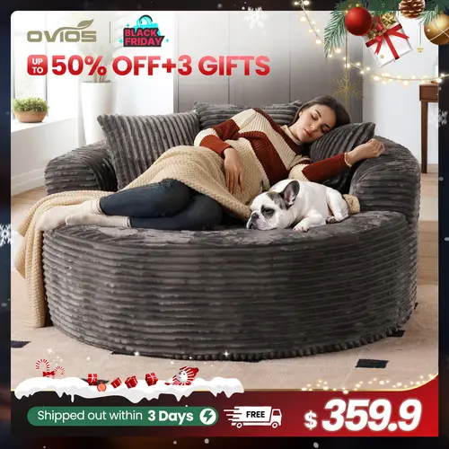 【Back To School】OVIOS 59" Oversized Round Sofa Bed, Fluffy Bean Bag Lounge Chair with Deep Seat, Plush Corduroy Cloud Couch with 3 Pillows, Comfy Sleeper Sofa for Living Room, Bedroom & Apartment, No Assembly Required