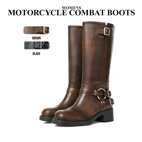 CYNLLIO Womens Motorcycle Combat Boots Round Toe Fashion Metal Buckles Chunky Block Heel Rivets Wide Calf Riding Boot Pull On Casual Vintage Dress Fall Rocky Riding Boots