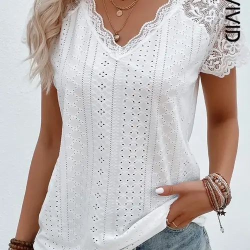Women's Sheer Lace Eyelet Embroidered Solid Color Tee Top Shirts, Casual Elegant Chic Short Sleeves for Summer, Daily Wear