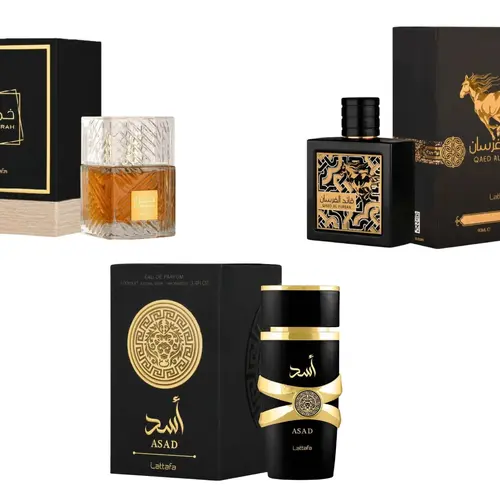 (3pc Bundle Pack) Khamrah 3.4oz + Asad 3.4oz + Qaed Al Fursan 3.04oz Perfume by Lattafa EDP