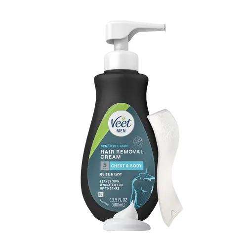 Veet Men's Sensitive Skin Dermatologically Tested Hair Removal Gel Cream (13.5 oz) - 5 Min Results, Includes Spatula, for Body, Chest & Back - Body Care, Cosmetic Hair Removal Cream