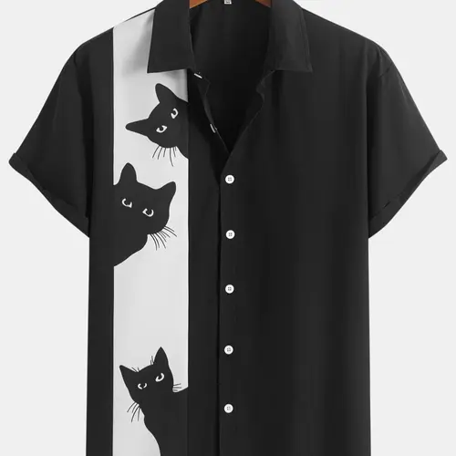 Men's Cat Print Button Front Shirt, Regular Fit Casual Short Sleeve Collared Top for Summer, Fashion Men's Top for Daily Wear, Animal Print Shirt, Casual Buttons Collared, Collared Shirts