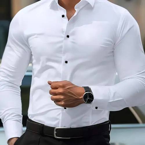 Men's Classic Solid Long Sleeve Collared Shirt, Regular Fit Casual Button Front Top for Work Office Business, Men's Clothes for All Seasons, Menswear