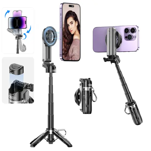 4-in-1 Multi-functional Magnetic Selfie Stick - Mini Mobile Phone Accessory, Folding Design for Easy Storage, Magnetic Smartphone Holder, Cellphone Triangle Stand, Camera Grip, Vlog Live Tool with Selfie Remote, Compatible with iPhone 16/15/14/13 Series