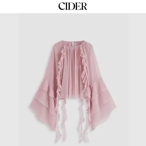 Cider Chiffon Round Neckline Solid Ruffle Hem See-through Long Bell Sleeve Blouse